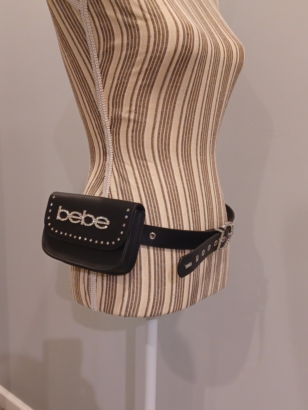 bebe Black Rhinestone Logo Belt Bag